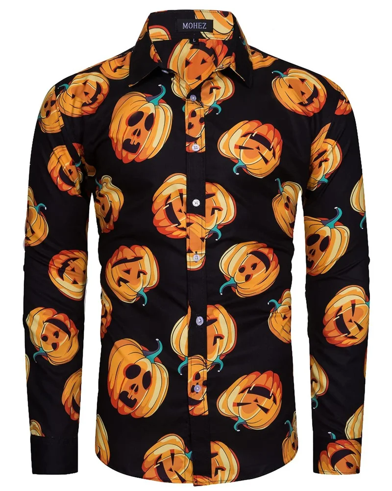 Halloween Long Sleeve Shirts Men\'s Pumpkin Head Printed Shirt Trend Party Clothing 2023 New Men\'s Street Leisure Long Sleeve Top