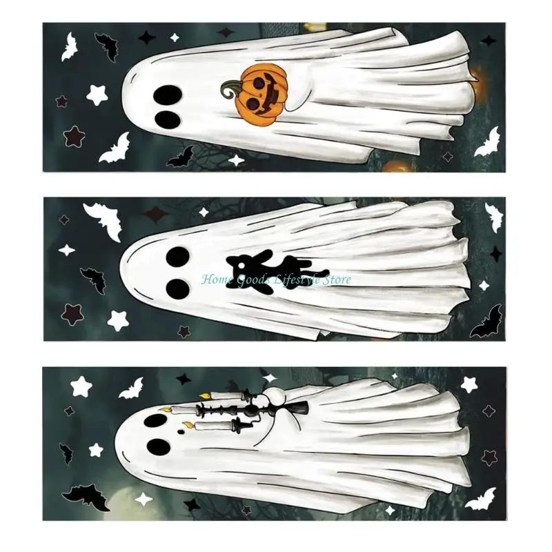 E74E Halloween Static Window Clings Unique Ghostly Themes Adhesive Decoration Plastic Glass Door Sticker Decal Easy Setups