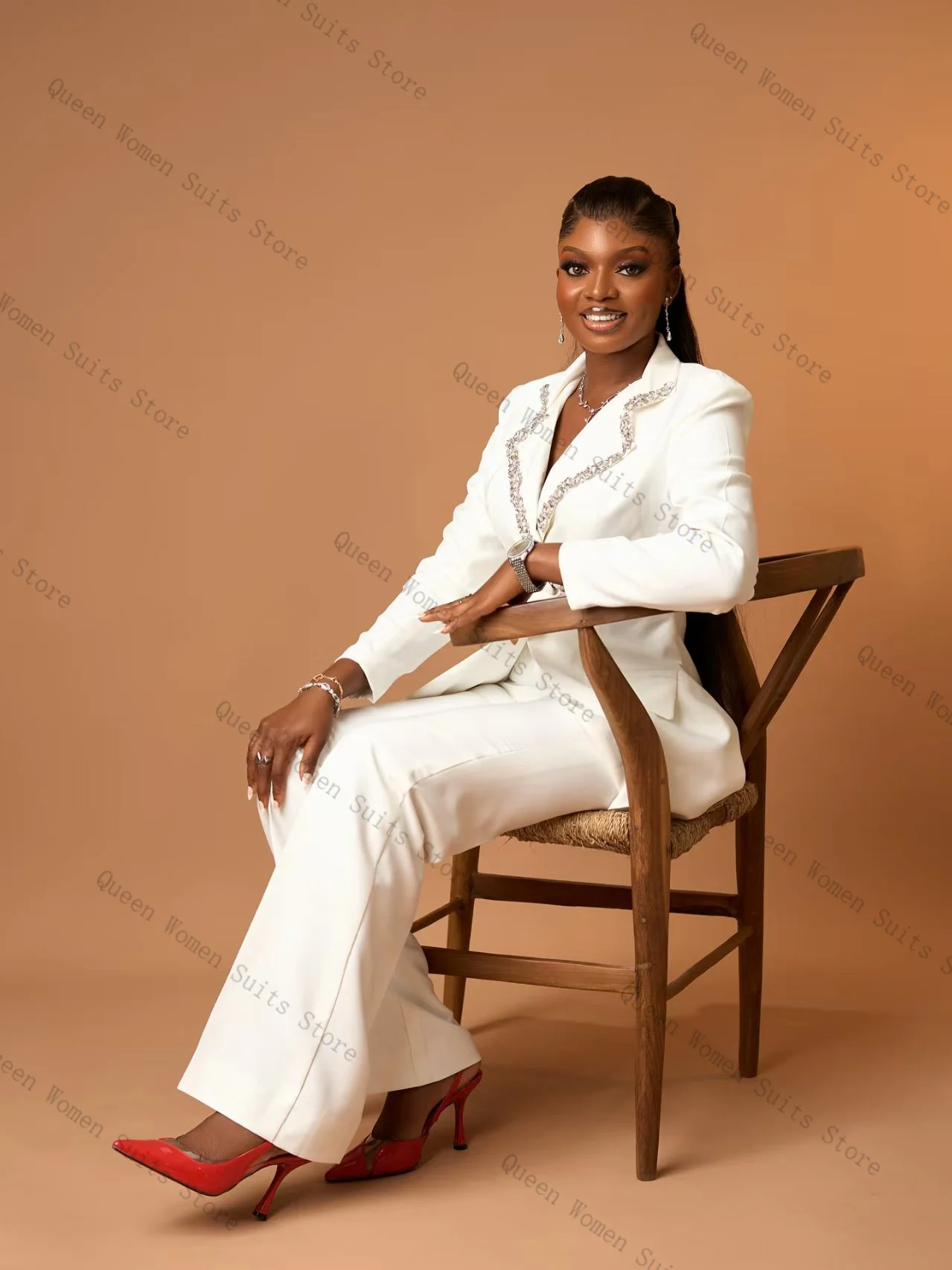 Set completo da donna con cristalli bianchi 2 pezzi blazer + pantaloni dritti pantaloni giacca da donna formale da ufficio in cotone cappotto da ballo di nozze personalizzato