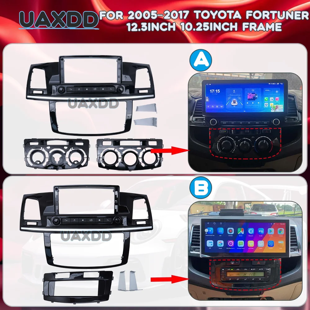 

Для TOYOTA FORTUNER 2005-2017: Комплект для установки Android-магнитолы 12.3/10.25 дюймов в приборную панель, включая рамку, проводку, CAN-бокс и центральную панель интерьера.