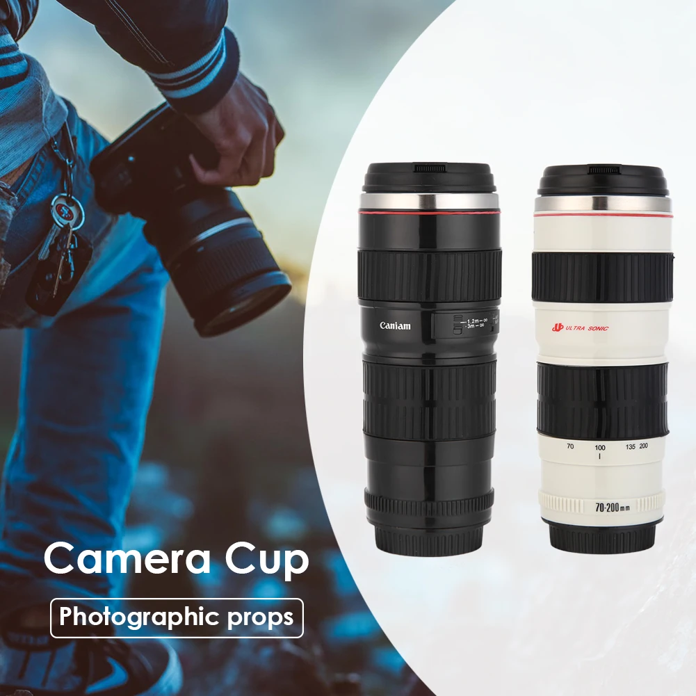 400mL Stainless Steel Coffee Tea Mug Camera Lens Shaped Water Cup with Lid Gifts