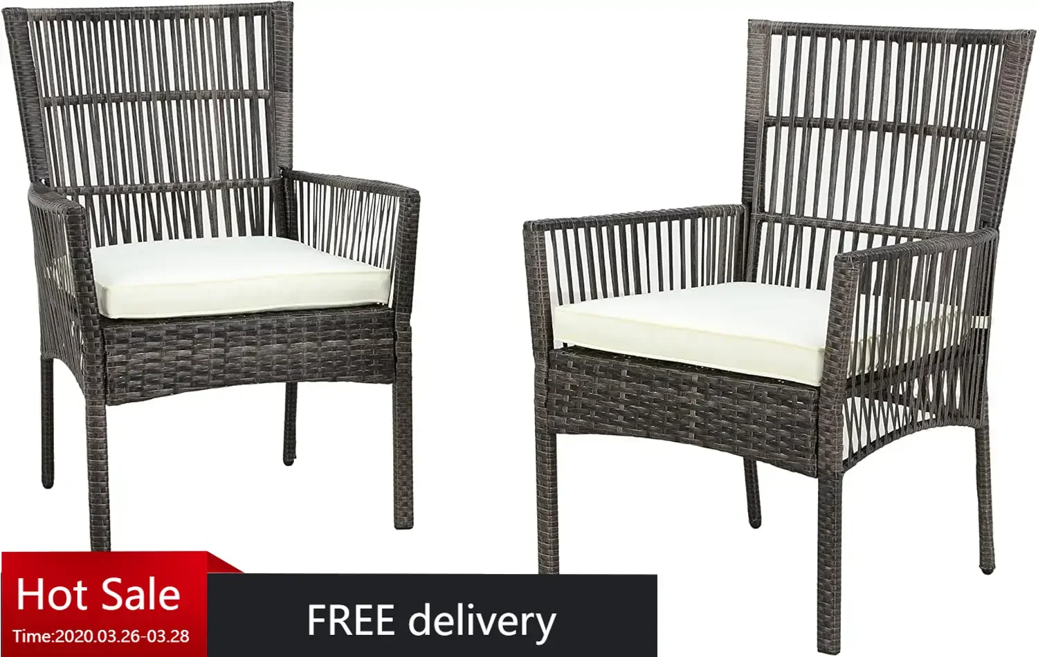 2 Pieces Outdoor Wicker Chair Metal Dining Armchairs with Cushion, Beige