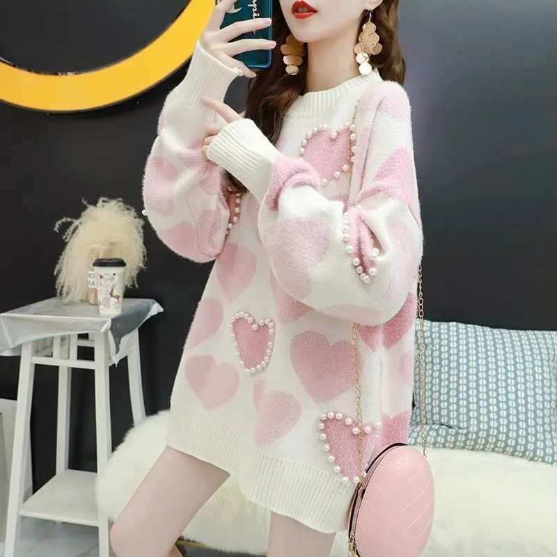 Spring Autumn New Korean Beaded Heart Printing Knitting Sweater Women Pullover Tops Korean Casual Long Sleeve Female Knit Jumper