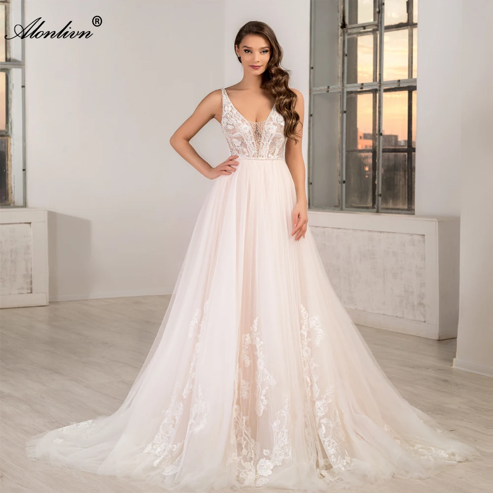 

Alonlivn Graceful V-Neck A-Line Wedding Dresses Sleeveless Beading Pearls Appliques Lace Backless Bridal Gowns