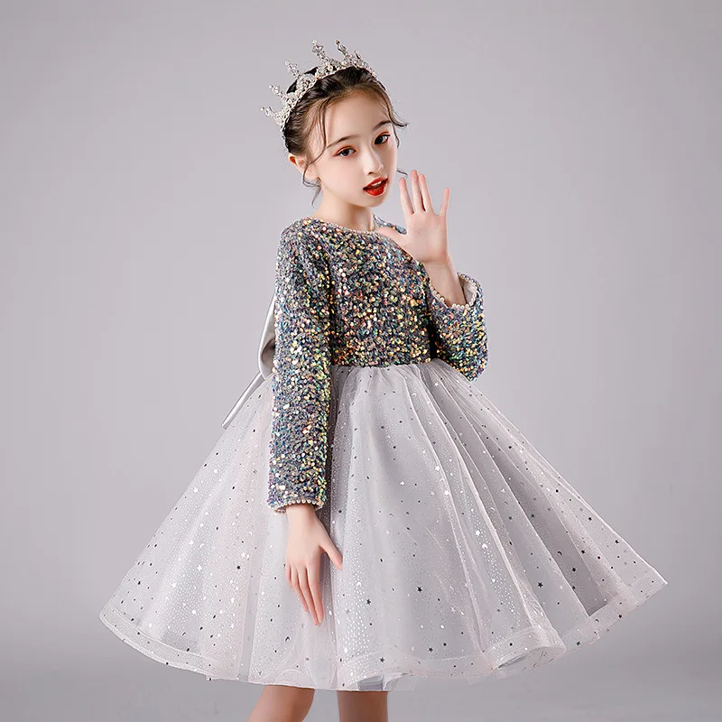 

Children's 2025 Daily Wearable Girl Birthday Host Stylish Sequin Elegant Long Sleeve Piano Performance Dress