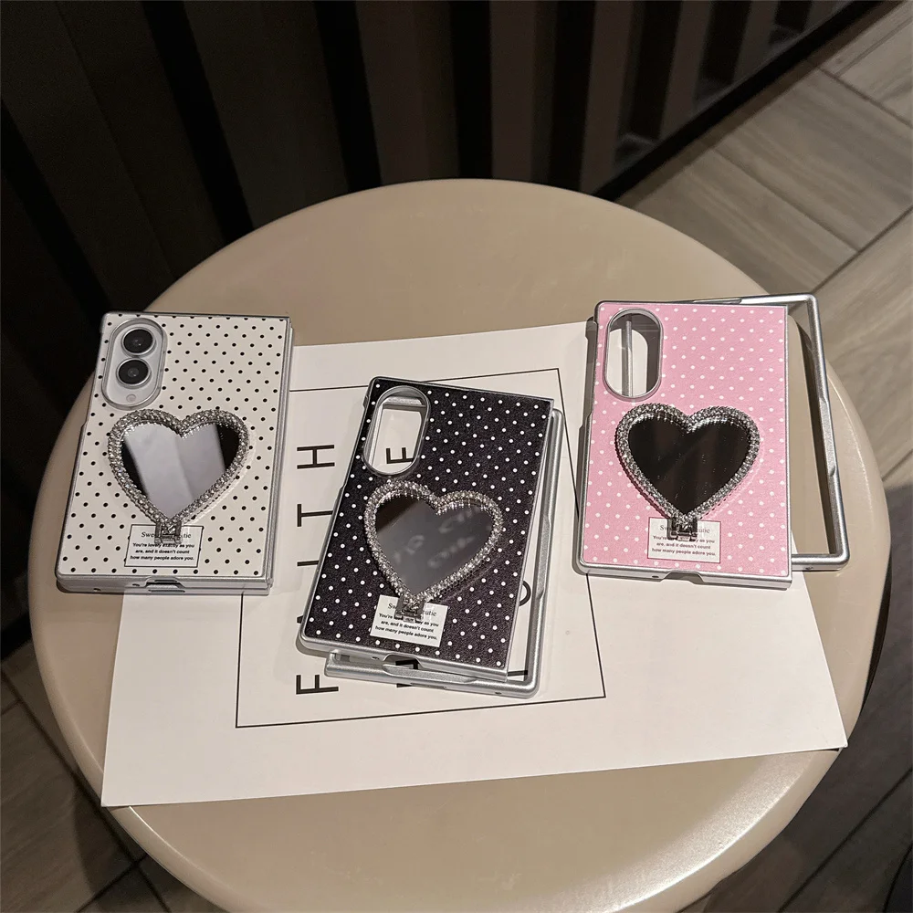 New Cute Love Mirror Phone Case For Samsung Galaxy Z Fold4 5 6 7 Fold8 Z Fold8 Ultra Polka Dot Magnetic Strap Heart Decor Cover