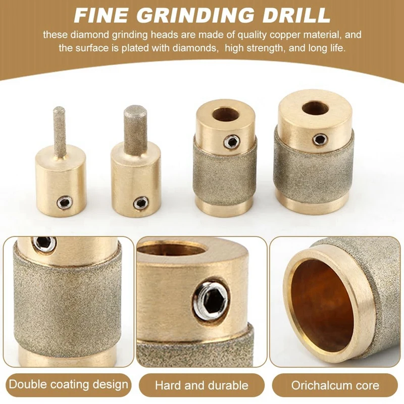 DT16 Diamond Grinding Bit Heads Set 4 Sizes Stained Glass for Grinder Bits Brass Core for Glass Stone Tile