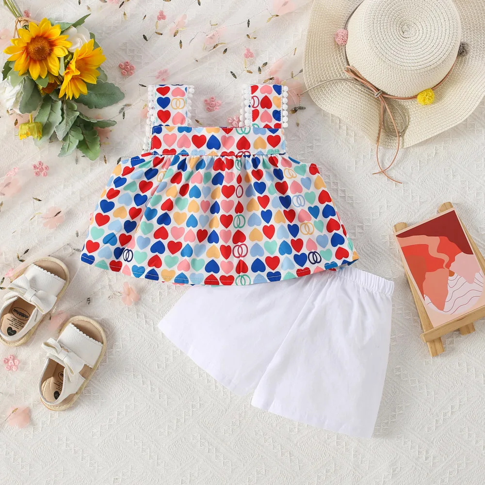 Summer baby girl suspender shorts 2/piece set baby girl color heart print single breasted wide suspender+solid color shorts