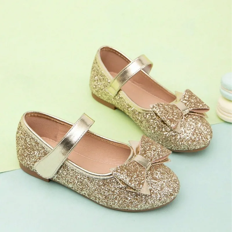 

New Girls Slip-On Mary Jane Buckle Flat Leather Casual Shoes Spring Children Glitter Bow Flats Kids Stage Ceremony Casual Shoes