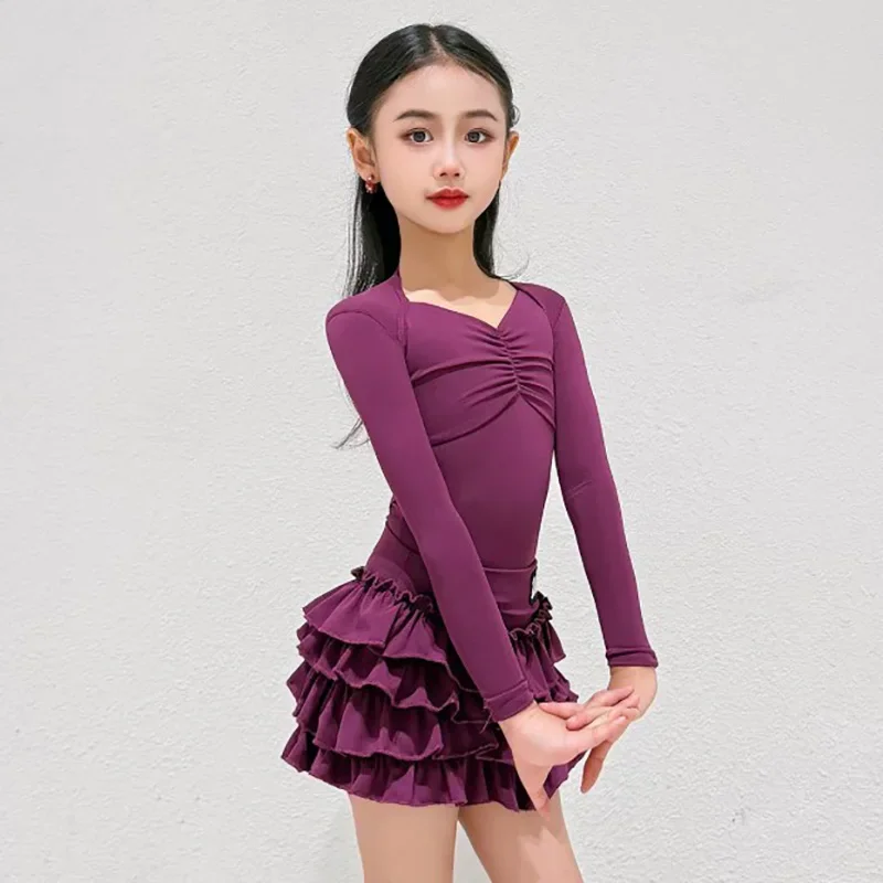 Long Sleeve Backless Latin Dance Competition Dress Girls Professional National Standard Rumba Chacha Dancing Costume