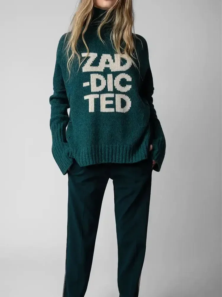 100% de lana para mujer, jersey con puños y abertura, suéter con estampado de letras, manga larga, moda, Tops