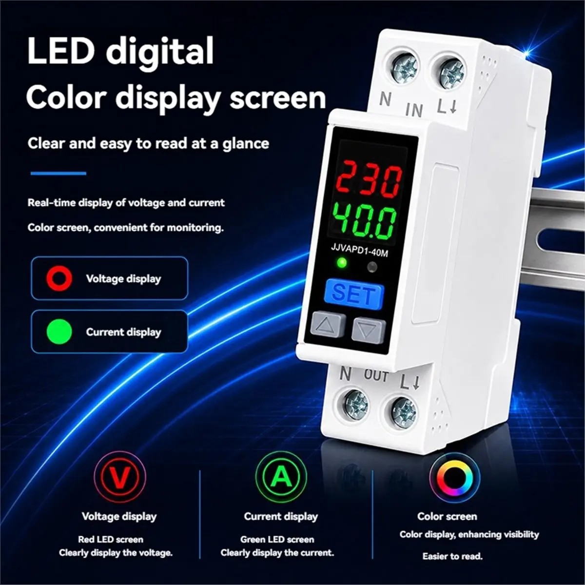 1P Adjustable Protective Relay 40A AC220V over Voltage Under Voltage over Current Protector Circuit Protection Switch