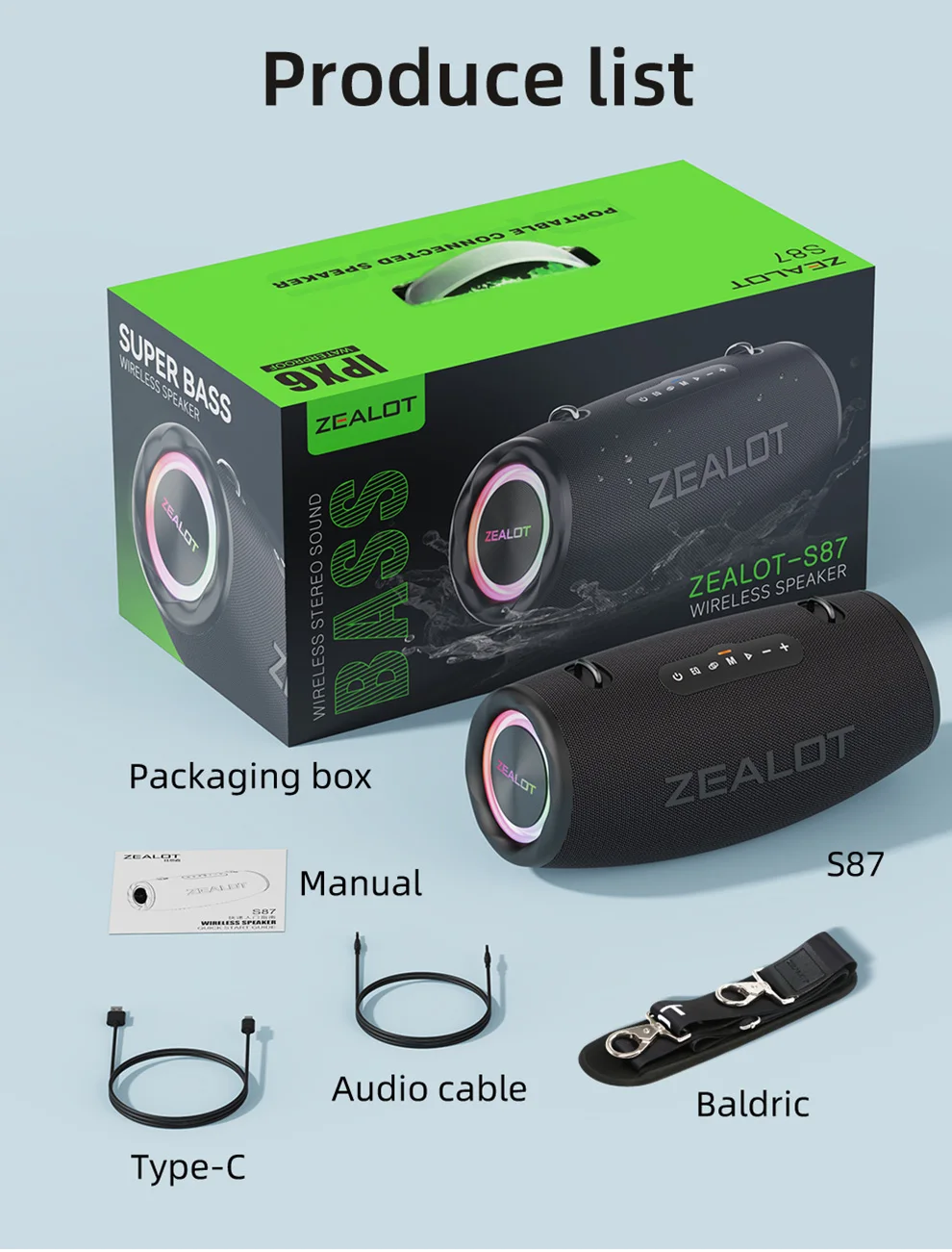 ZEALOT-S87 80W Hochleistungs-Bluetooth-Lautsprecher Tragbarer RGB-Farbbeleuchteter Wasserdichter Kabelloser Subwoofer 360° Stereo-Surround – Detail 3