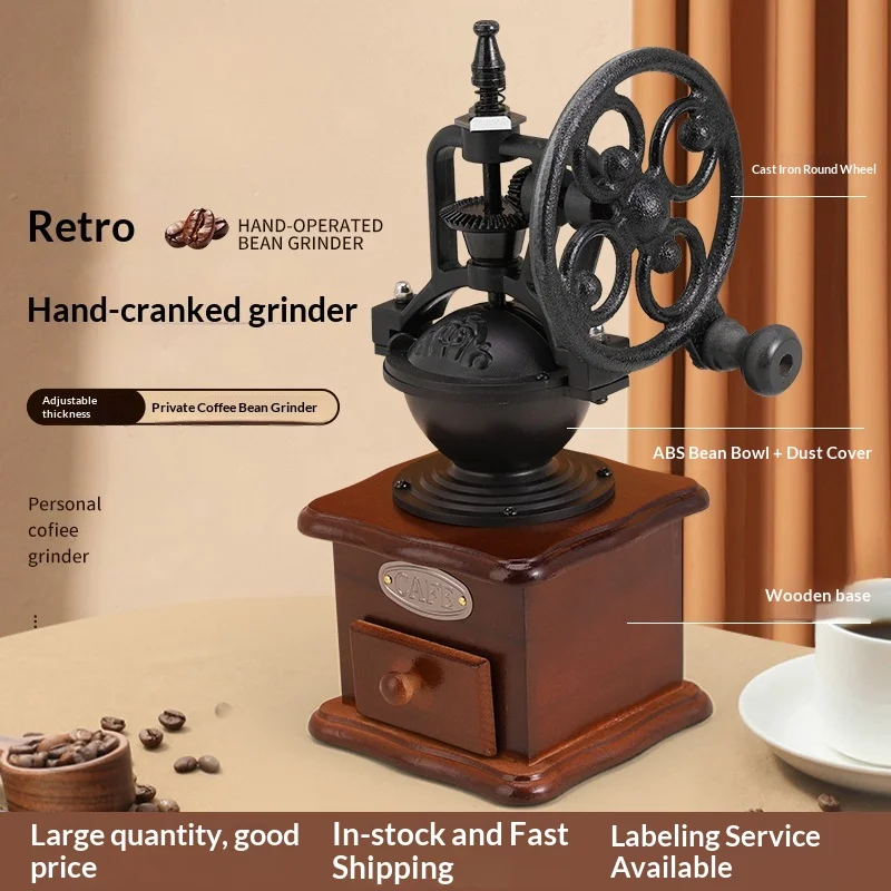 Vintage Cast Iron Manual Coffee Grinder Big Wheel Hand Crank Retro Coffee Bean Mill Antique Shaker Grinding Machine for Home