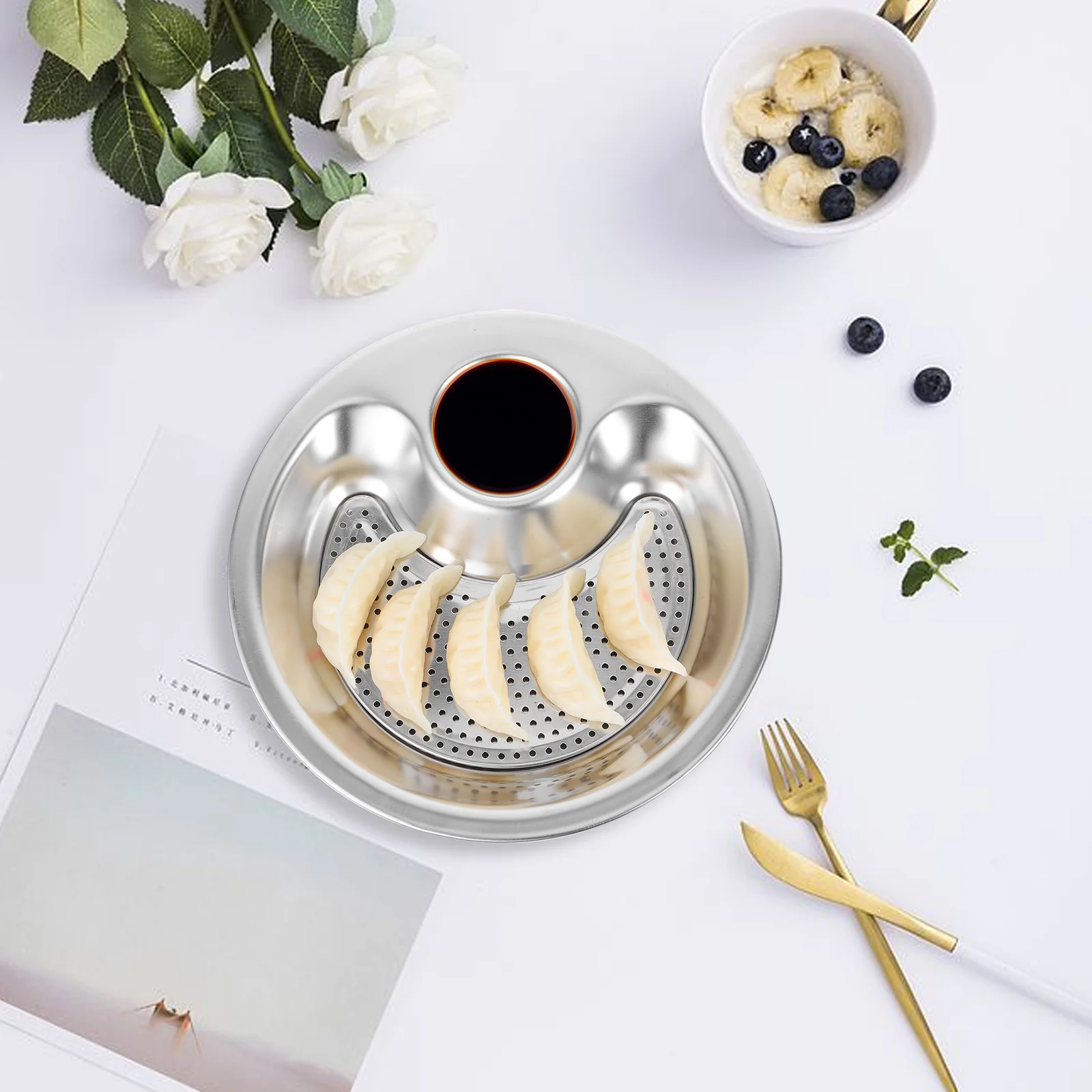 

Stainless Steel Dumpling Plate 304 Dual Compartment Vinegar Dish Double Layer Round Serving Plate for Snacks Appetizer Dessert