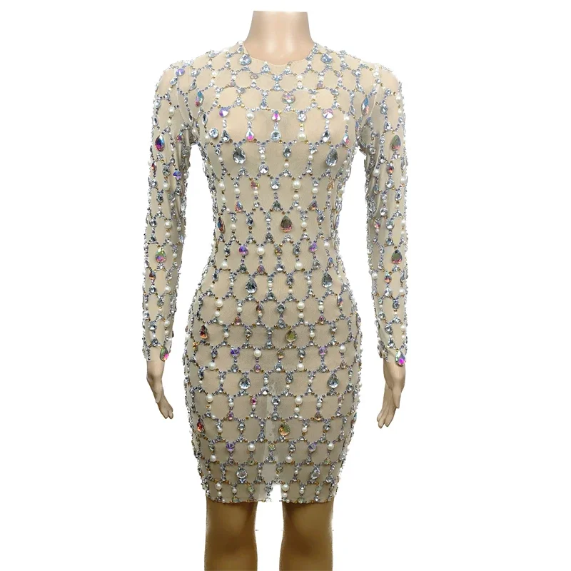 Kolorowa sukienka z dżetami i perłami, długa, z długim rękawem, na imprezę, sukienka wieczorowa damska, sukienka na scenę, sukienka na uroczystości, kostium festiwalowy XS6679