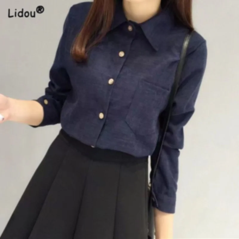 Fashion Trends Women Clothing Shirt Tops Polo Collar Skinny Corduroy Regular Solid Color Comfortable Pocket Popularity Button