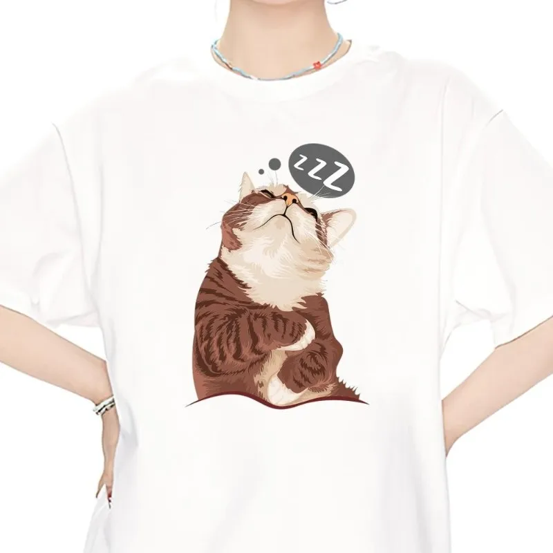 Sleeping Cat Cute Gift For CatLover T Shirt Women Couple Combination Clothes Short Sleeve Collar Fashion Man Cotton