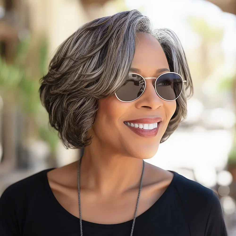 

Handmade Salt and Pepper Natural Wavy Grey Highlight Wig Mixed With Brown Human Hair Glueless 4x4 5x5 Lace Wigs for Mom Over 50s