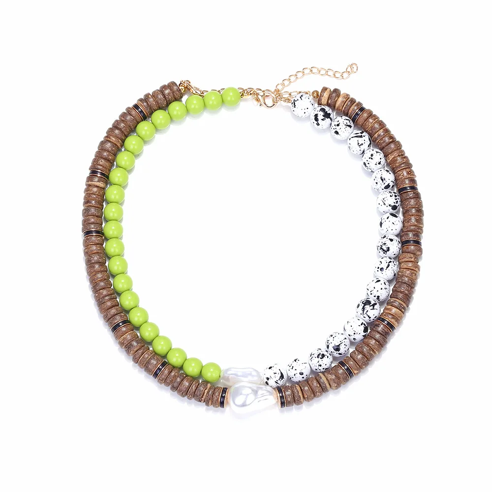 Vintage Bohemian handmade strung wooden bead necklace exaggerated vacation style multi-layer stacked wheel bead collarbone chain