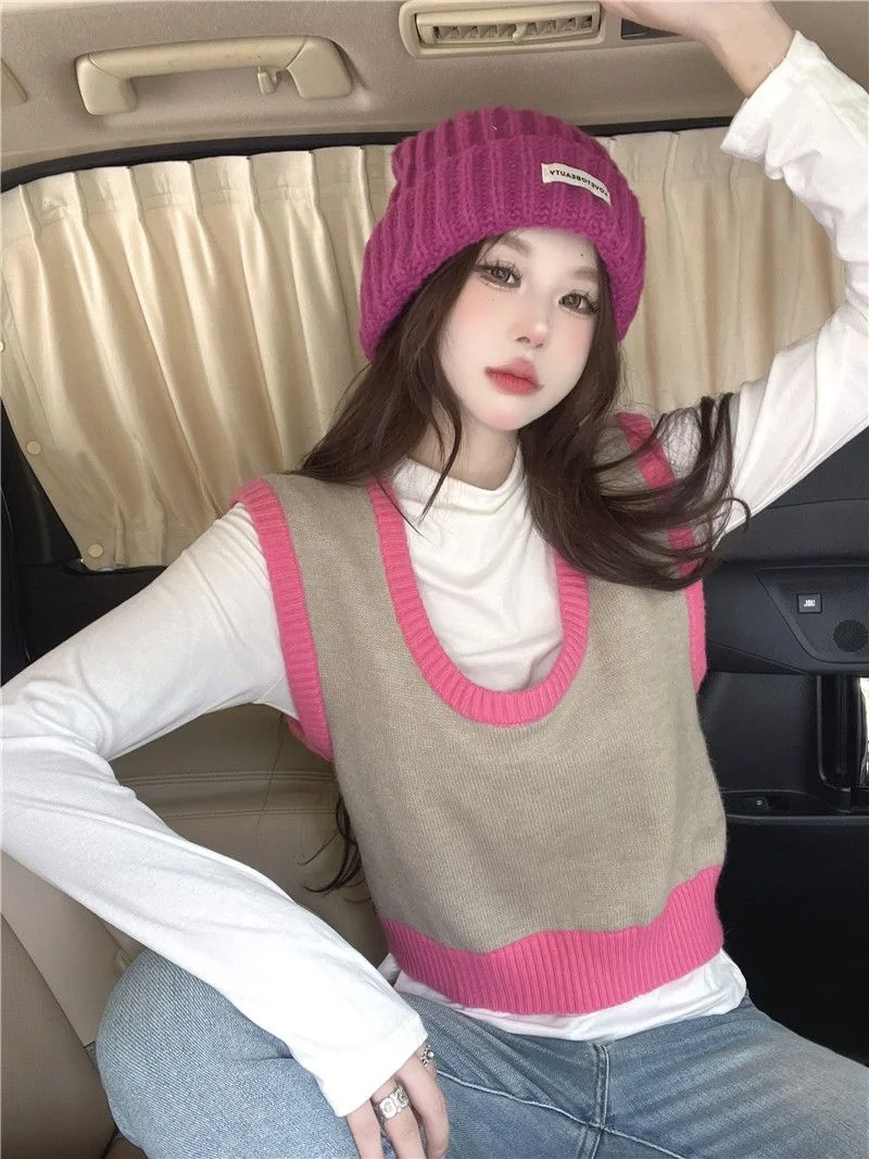 

Sweet and cute style women's knitted vest autumn women's loose casual trend spicy girl top Korean trend