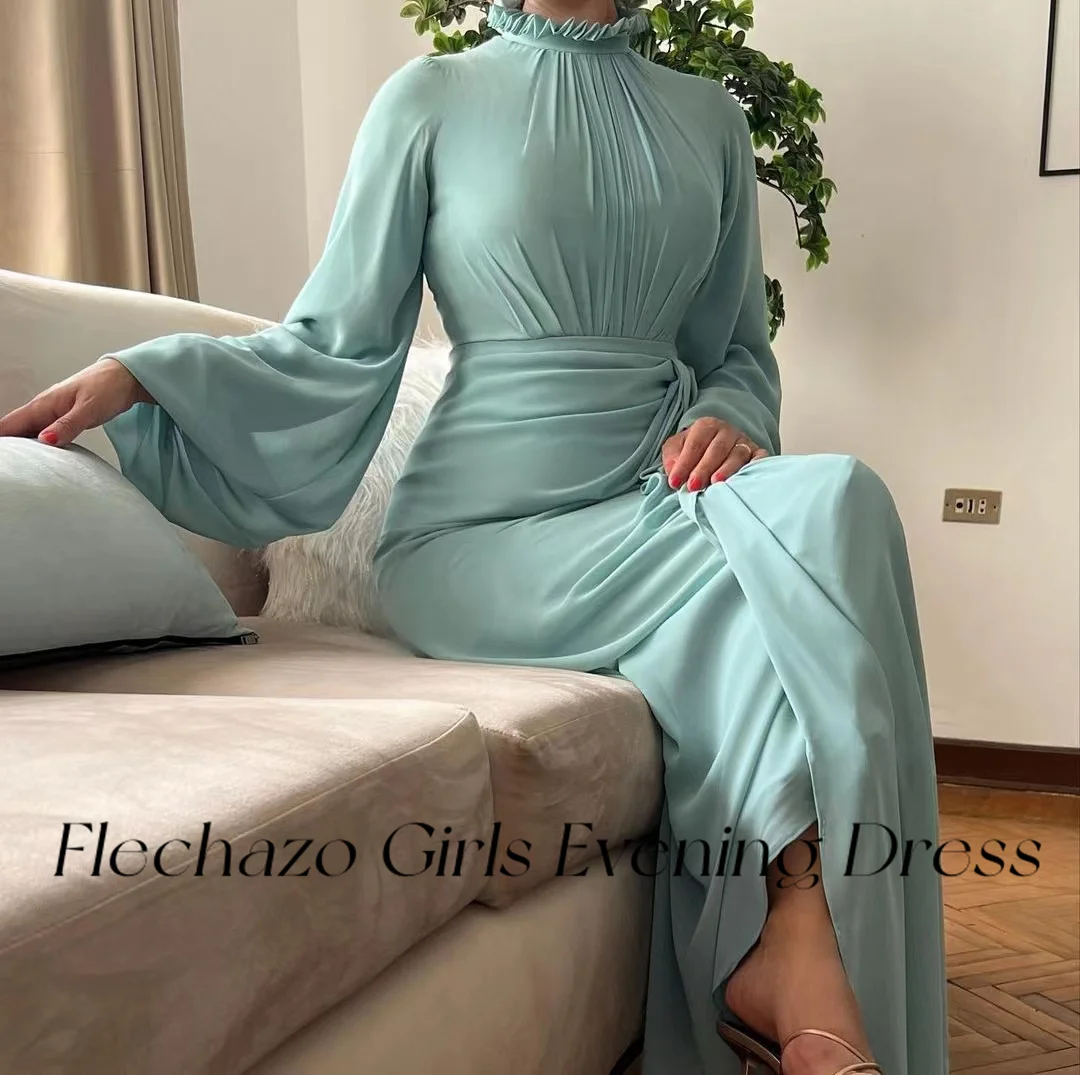 Flechazo Chiffon Evening Dresses High Neck Full Sleeves Pleated Simple Elegant Birthday Party Dress For Women 2024 فساتين السهرة