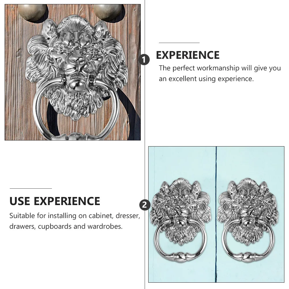 2Pcs Lion Head Drawer Pull Handle Zinc Alloy Retro Door Knocker Silver Tone for Furniture Cabinet Dresser Wardrobe Cupboard