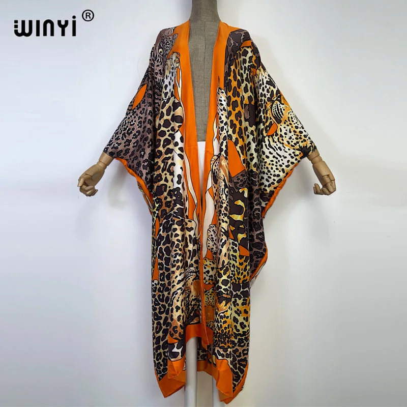 WINYI 2022 Africa leopard print Beach Wear Swim Suit Elegant Africa Women Boho Cardigan Sexy Holiday Long Sleeve Kimono Dress