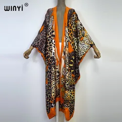 WINYI 2022 Africa leopard print Beach Wear Swim Suit Elegant Africa Women Boho Cardigan Sexy Holiday Long Sleeve Kimono Dress