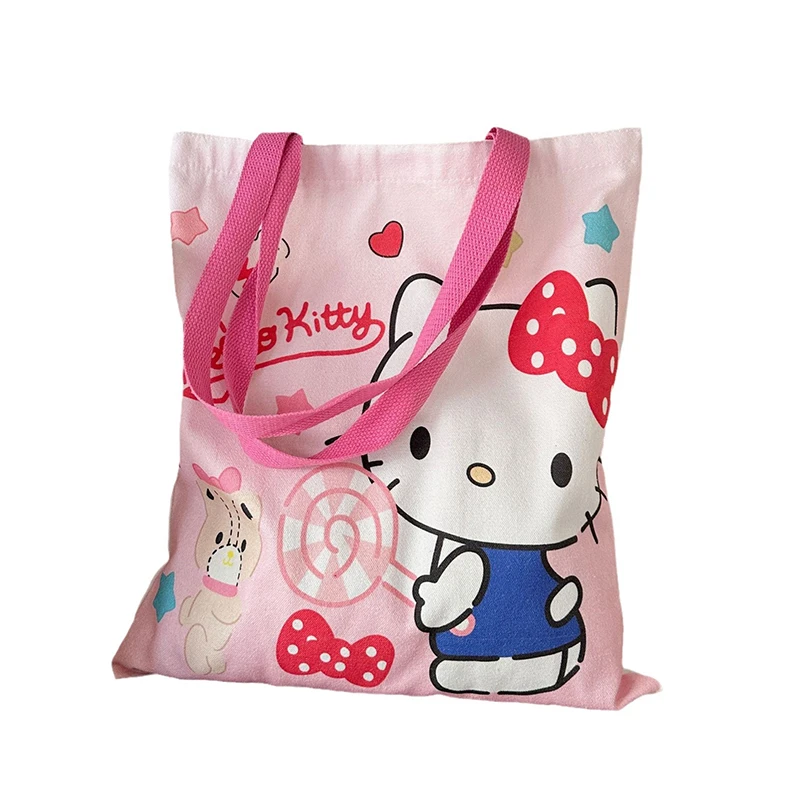 Kawaii Sanrio Canvas Bag Kuromi Hello Kitty Cinnamoroll Women\'s Shoulder Bags Casual Large Capacity Shopping Bag