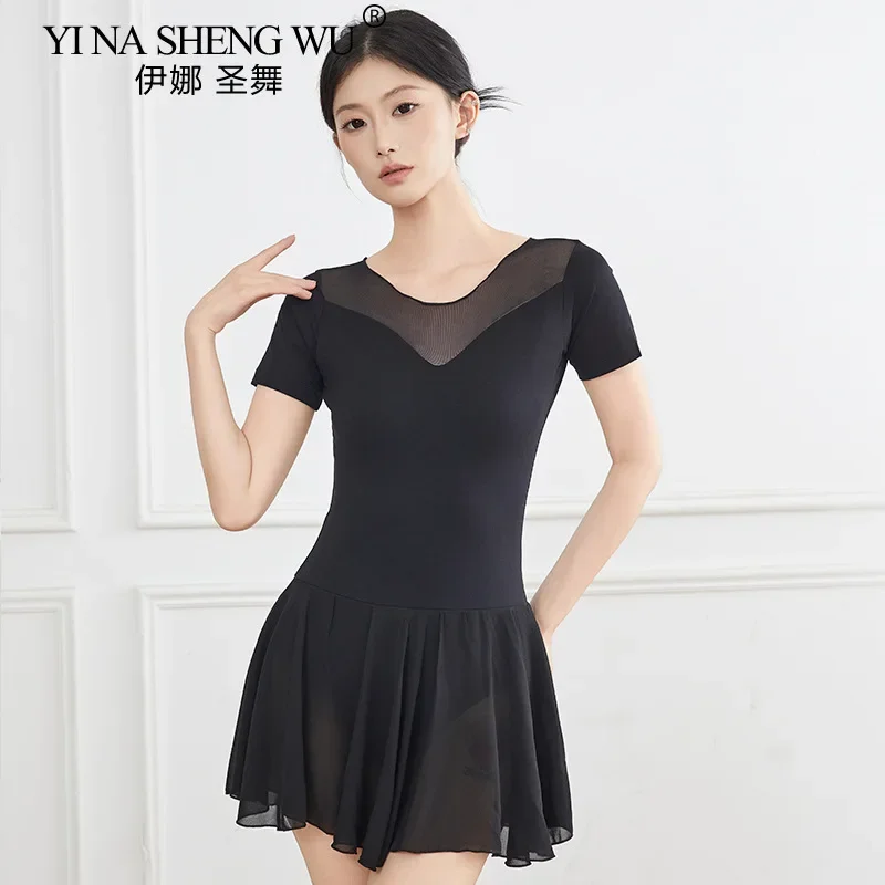 Nueva ropa negra para práctica de baile de Ballet, falda de hilo de manga corta para adultos, ropa ajustada, mono, ropa para el cuerpo