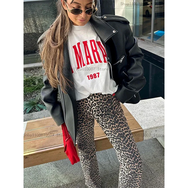 Vintage Leopard Print Pant For Women Fashion Casual Loose Zipper Wide Leg Trousers 2024 Spring New Female Commuting Streetwear