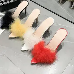 Summer Ladies Pump Feather High-heeled Peep-toe Mule pantofole Lady Sandal pantofole Trend 2023 Slide