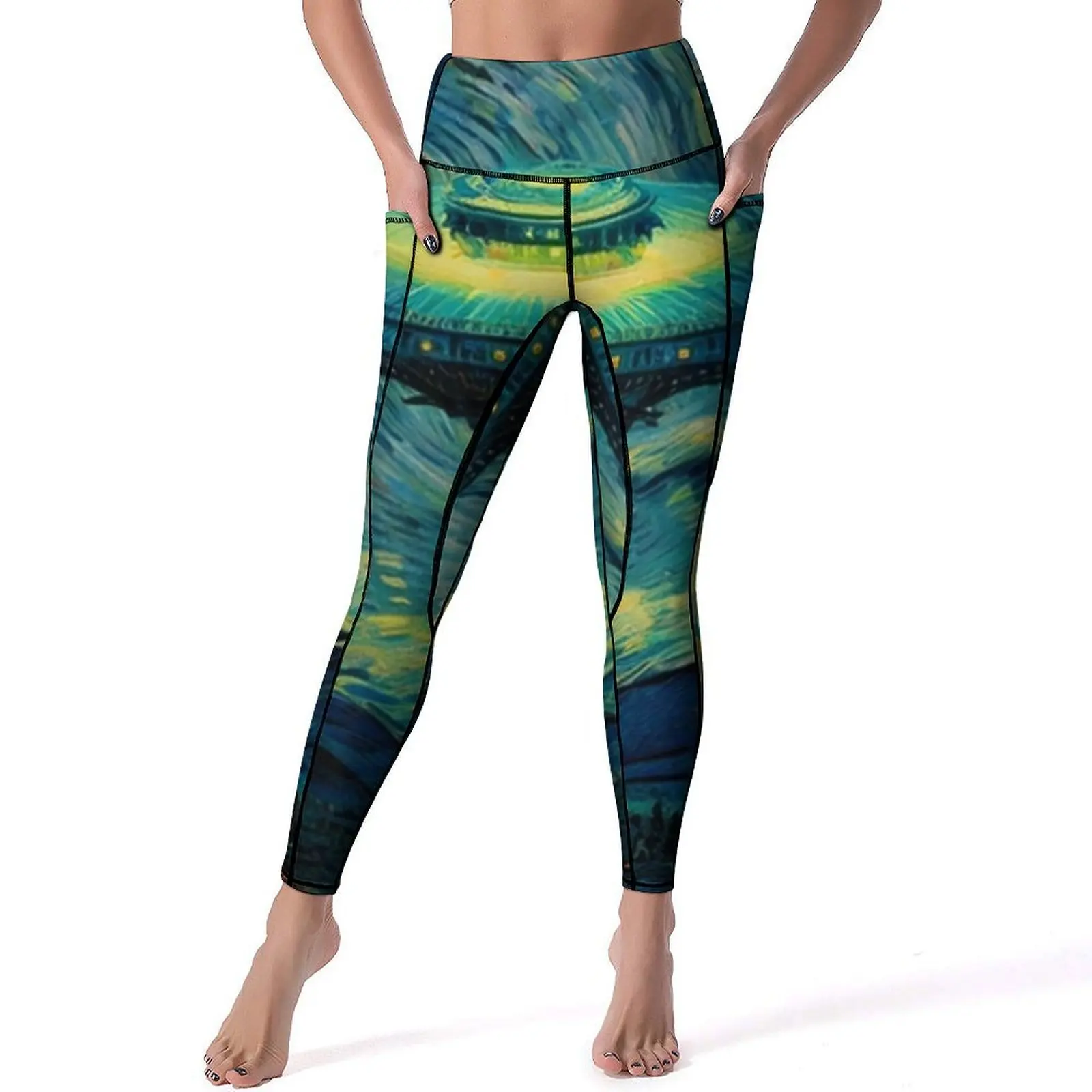 Pantalon de yoga imprimé nuit étoilée avec poches, leggings de sport, taille haute, sexy, mignon, élastique, fitness, Vincent Van Gogh