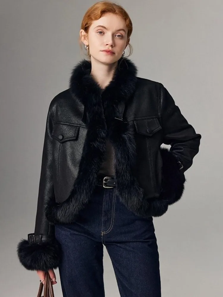 موضة تقسم الثعلب الفراء طوق أسفل معاطف سيدة سترة قصيرة دراجة نارية نمط أوزة سترات منتفخة معطف الشتاء ملابس خارجية رائجة البيع