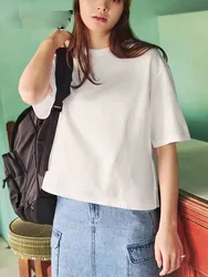 2024 Woman Solid T Shirt Simple Versatile Casual Loose Chic Tops Summer Female Short Sleeve O Neck White Cropped T Shirt
