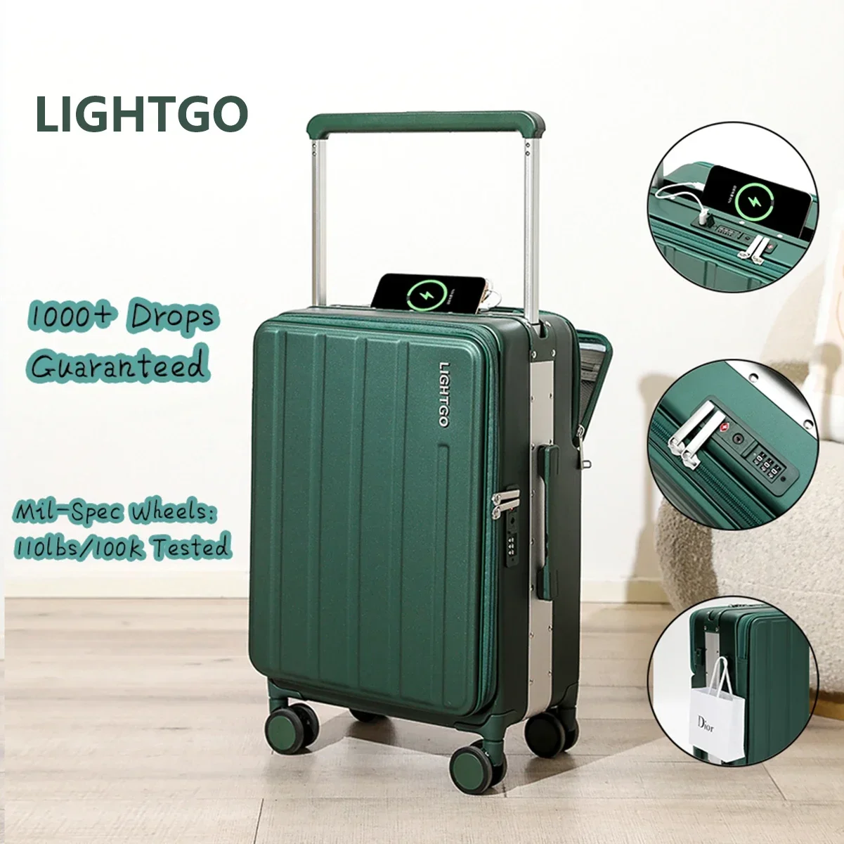 

LightGO 23KG TSA Approved CABIN Carry On Dual Opening Luggage Suitcase USB+tYPE-C Charging Fashion Business Travel