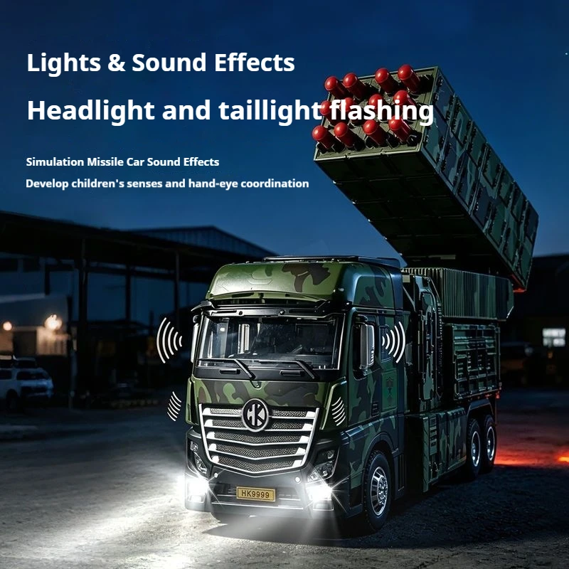 Hk Remote Control Alloy Missile Rocket Launcher Military Truck Omnidirectional Control Lights Sound Effects Shooting Model Toy
