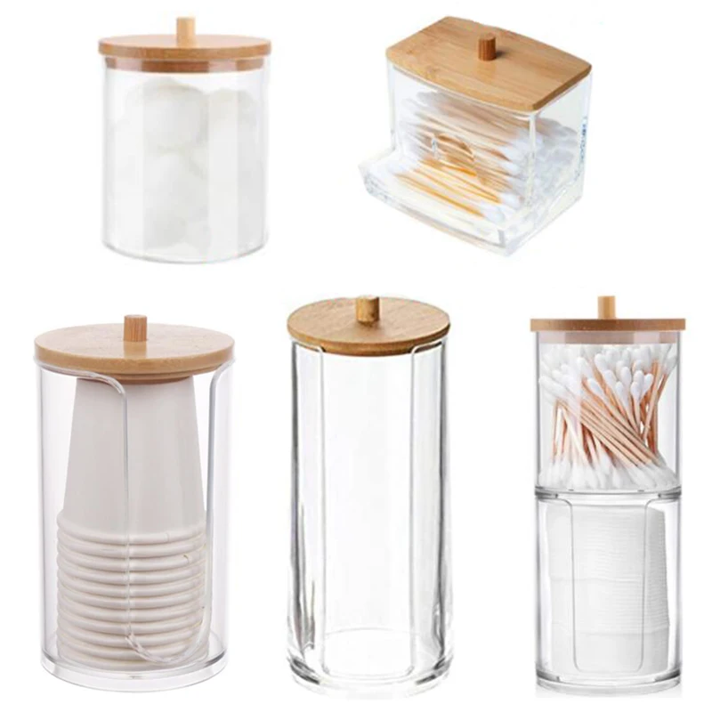 Caja de almacenamiento acrílica, tarro de baño, organizador de maquillaje, soporte redondo para almohadilla de algodón, caja para bastoncillos, dispensador de soporte Qtip con tapa de bambú