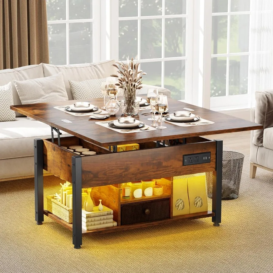 4in1 Lift Top Coffee Table with RGB Light Dual Tops MultiFunction Table with Power Outlets Storage Converts to Dining Table Com