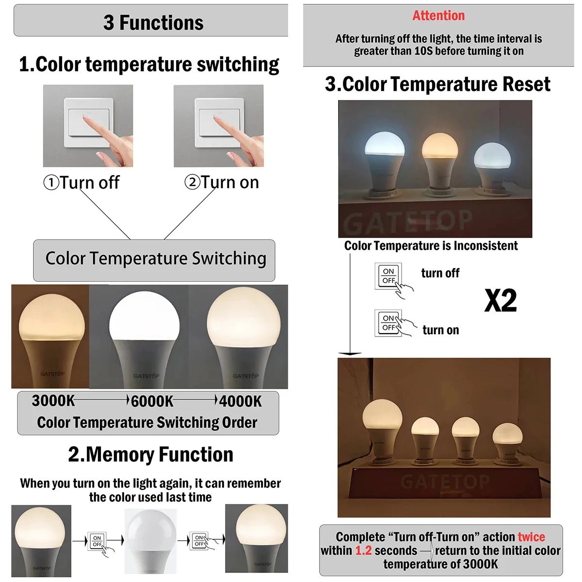 LED 색상 조정 전구, 인테리어 조명용 색상 온도 재설정 조명, CCT 메모리 기능, AC110, AC220, 3000K, 6000K, E27, B22, 8W-24W