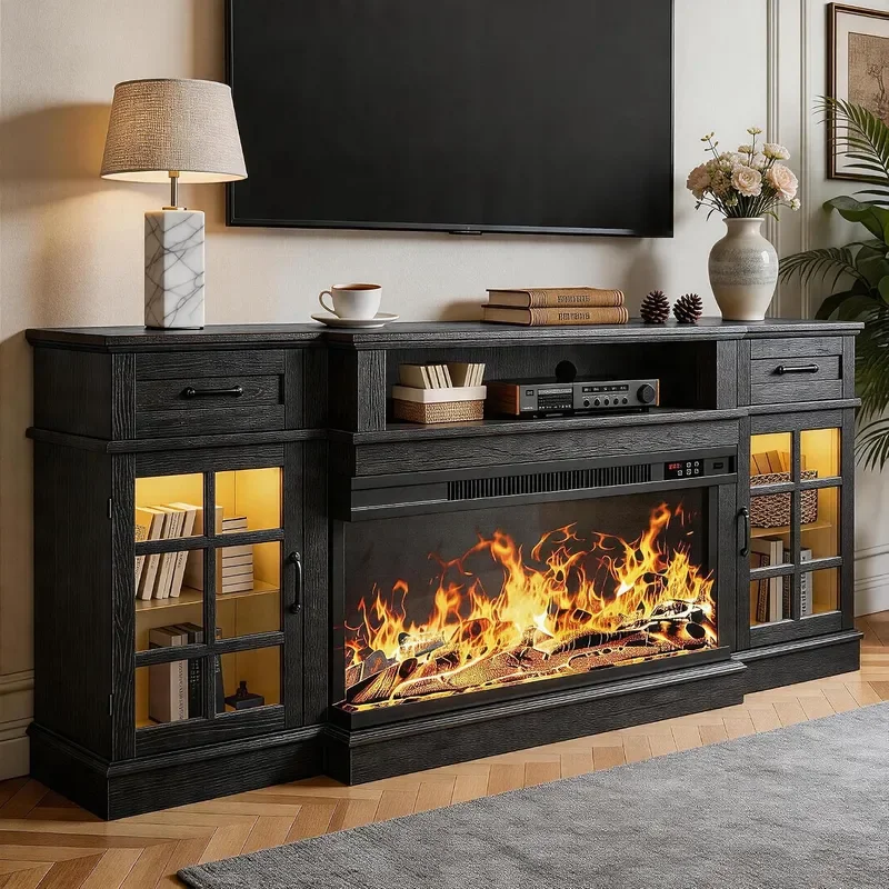 70 Fireplace TV Stand 3-Sided Glass Fireplace and Modern Entertainment Center Wooden Media Console with Glass Doors Storage