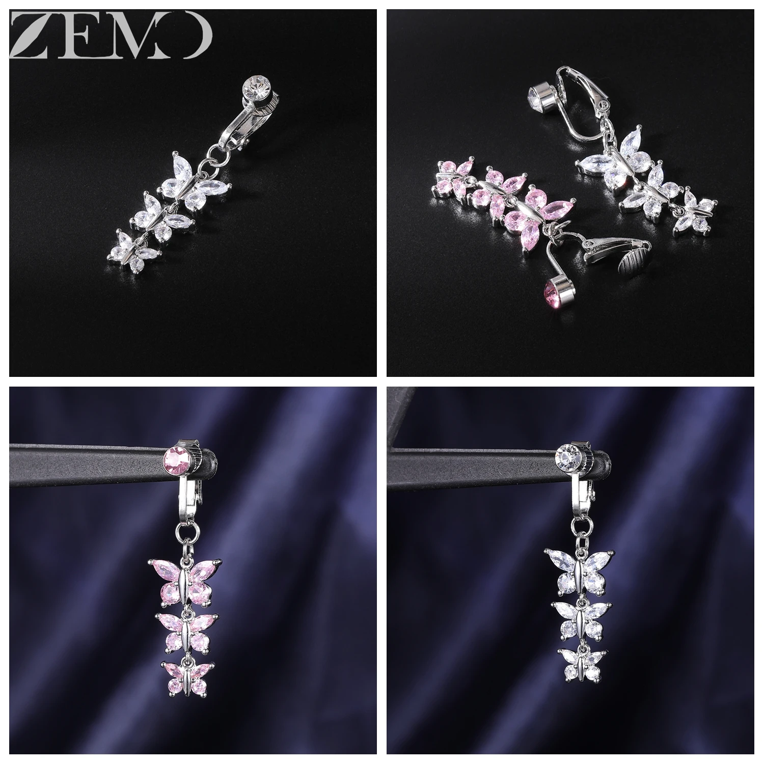 ZEMO 1 قطعة مشبك من الفولاذ المقاوم للصدأ على حلقات زر البطن النساء الفتيات تشيكوسلوفاكيا كريستال لا مثقوب السرة الدائري فراشة فو البطن الثقب