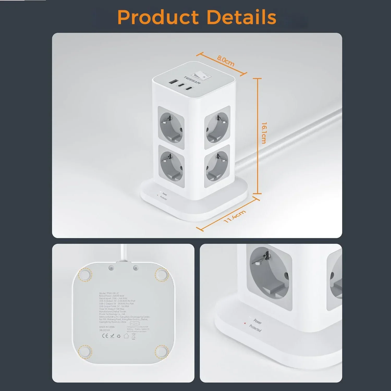 TESSAN Multipresa a Torre con 8 Prese 1 USB 2 Tipo C Presa a Torre Verticale con Prolunga da 2 M Protezione da Sovratensione 