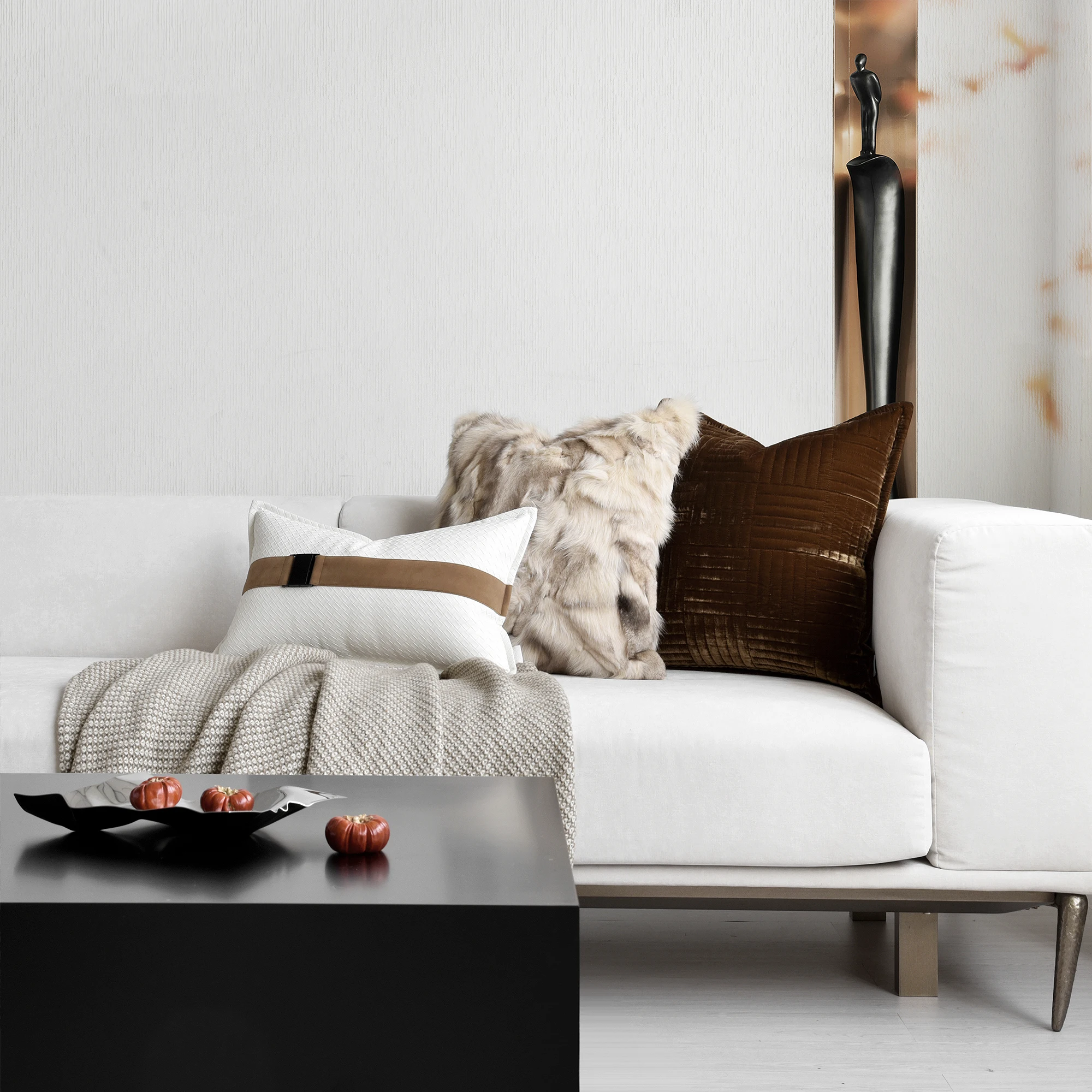 

Hotel Villas Woven Velvet Luxury-inspired Showroom Sophisticated Beige Orange Brown Cushions Sales Office Sofas Living Room
