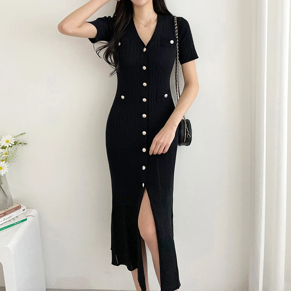 Long Knit Dress Elegant Women 2024 Korean Single Breasted Fishtail Black Knit Dress Fall Winter Retro V Neck Long Sleeve Dress