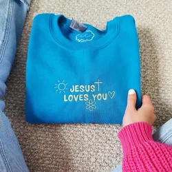 Jesus Loves You Letters Embroidered Vintage Style Casual Sweatshirt Women Blue Loose Cotton Thick Warm Pullover Christian Jumper