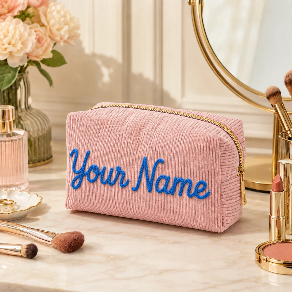 Custom Name Embroidered Corduroy Makeup Bag, Personalized Portable Travel Zipper Cosmetic Storage Pouch