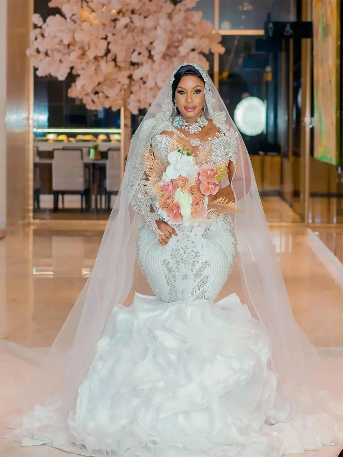 Customized  Mermaid Wedding Dresses For Women O Neck Long Sleeves Bridal Gown Sequins Appliques Detachable