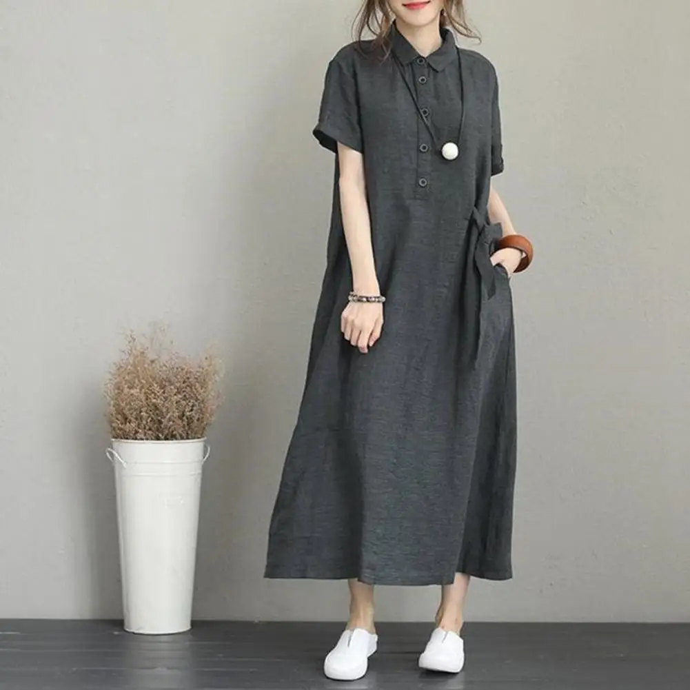 Summer Japan Style Cotton Linen Lapel Pockets Loose Casual Vintage Dresses Short Sleeve Oversized Long Dress for Women